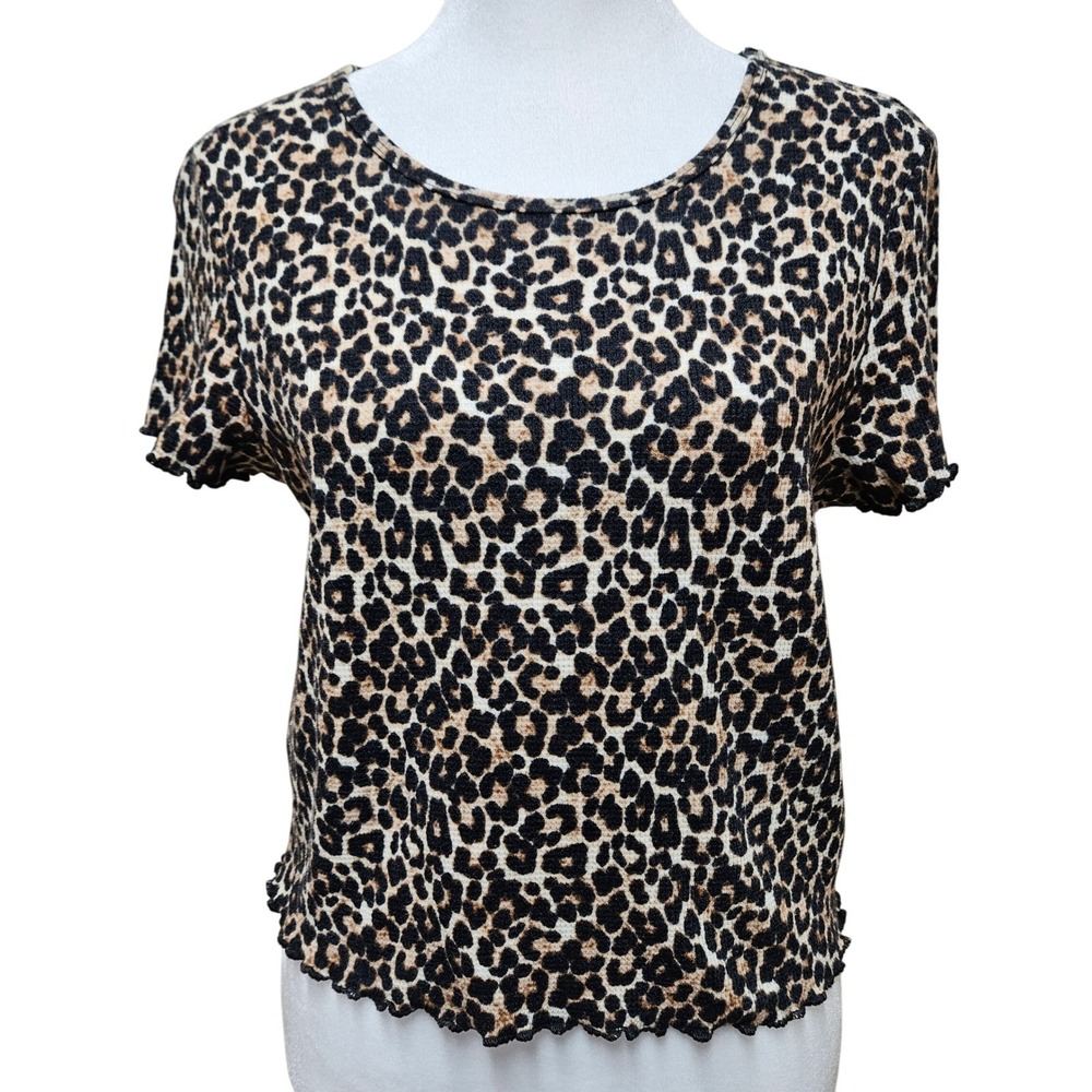 American Eagle Leopard Print Ribbed Short Sleeve Stretchy Crop Top Size Large
